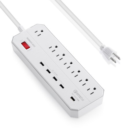 Poweradd Surge Protector 7-Outlet 6ft Cord Power Strip with 5 Smart 40W/8A USB Charger & Quick Charge 3.0 USB Output White
