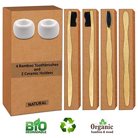 Charcoal Bamboo Toothbrush (Pack of 4 plus 2 Ceramic Porcelain White Toothbrush Holder), BPA Free Nylon Bristles Soft Toothbrush for Sensitive Gums, Eco Friendly Biodegradable Vegan Bamboo Handle