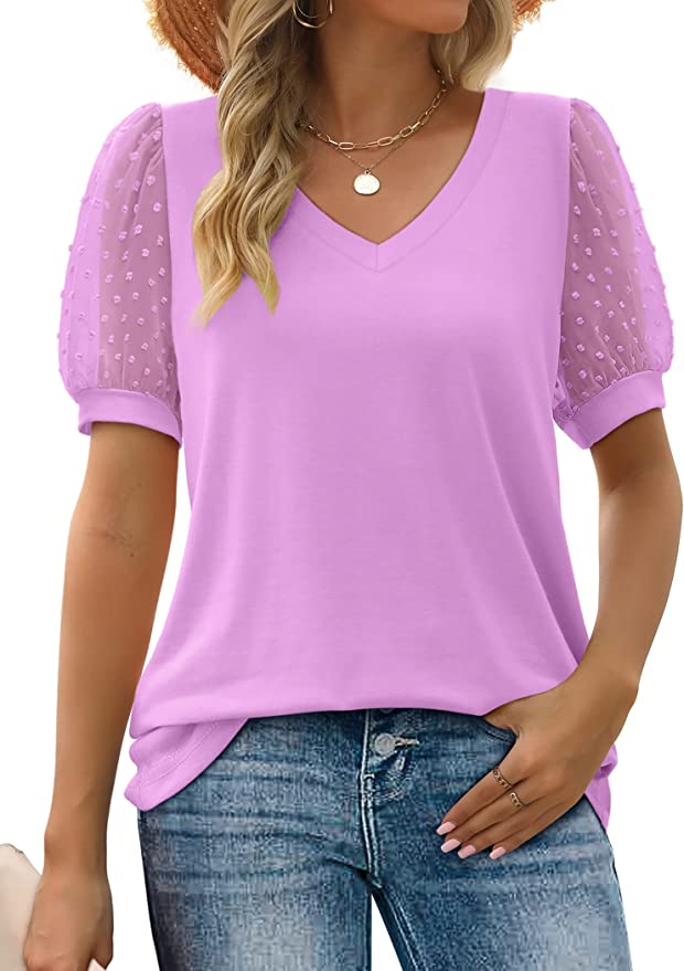 Aokosor Womens Summer Tops V Neck T Shirts Swiss Dot Puff Sleeve Tops Loose Casual Tshirts