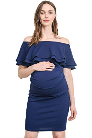 LaClef Women's Off Shoulder Maternity Dress with Double Ruffle