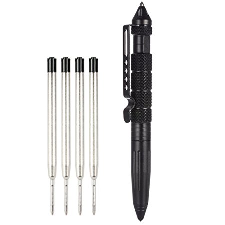 Tactical Pen with 3 ink refill ,Glass Breaker, Aircraft Aluminum material Self-defense Weapon,Precision Writing,DNA Collector,Multi functional Survial Tool from AISHN (Black)