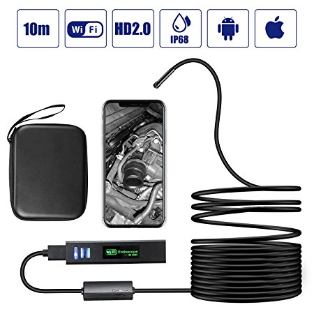 Wireless Endoscope,Wifi Borescope Inspection Camera 2.0 Semi-rigid Flexible Megapixels 1200P HD Waterproof IP68 Wifi Snake Camera for Android and IOS, iPhone, Ipad, PC, Tablet - 33.5FT