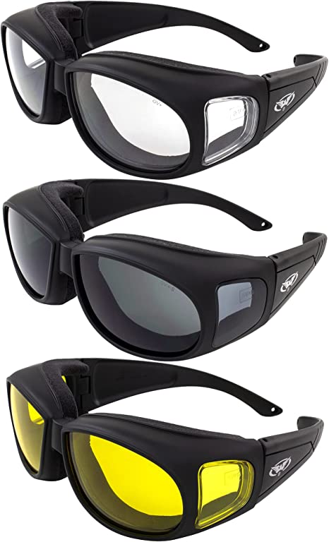 Global Vision Three (3) Pairs Motorcycle Safety Sunglasses Fits Over Rx Glasses Smoke, Clear, and Yellow Day & Night & Gun Range! Usage Meets ANSI Z87.1 Standards