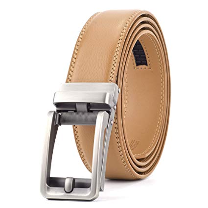 Mens Khaki Genuine Leather Ratchet Dress Belt with Open Leather belts Buckles Adjustable from 28" to 41" Waist