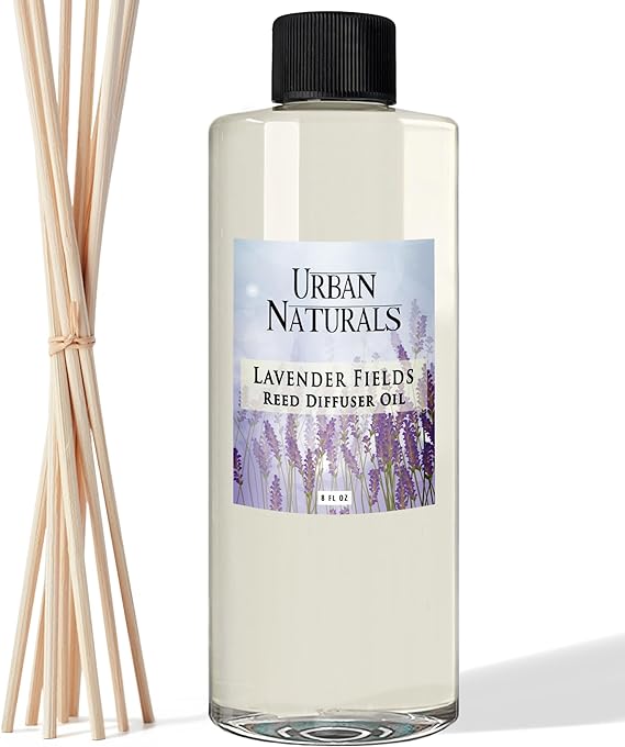 Urban Naturals Lavender Fields Essential Oil Reed Diffuser Refill | Large 8 Ounce Size | Includes a Free Set of Reed Sticks! Made in The USA | Soothing, Aromatic Home Fragrance for Aromatherapy