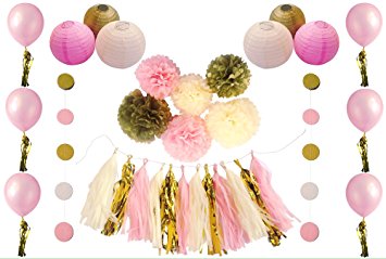 Ooggee Pack of 32pc Ivory, Pink and Gold Party Supplies 1st Birthday Decorations