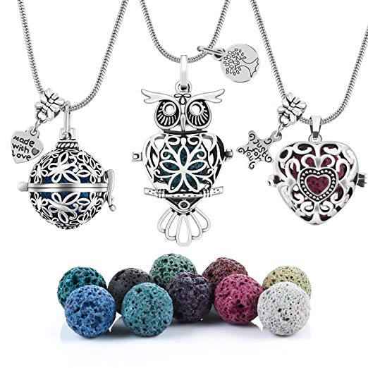 3 PCS Antique Silver Aromatherapy Essential Oil Diffuser Locket Necklace Pendant, Round/Heart Cage Locket Bulk with 10 Lava Stone Rock Beads Balls Set for Necklace Jewelry