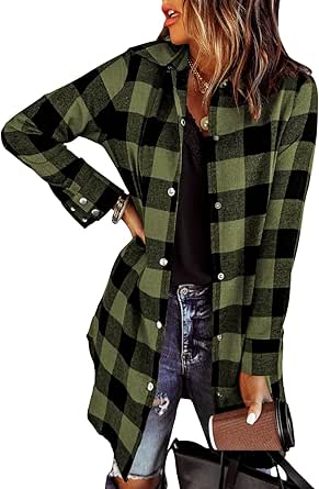 Zeagoo Flannel for Women 2024 Fall Fashion Long Sleeve Plaid Button Down Shirts Shacket Blouse Top with Pockets