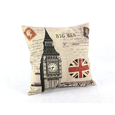 Createforlife Home Decor Cotton Linen Square Throw Pillowcase Cushion Cover Pillow Shams Retro London Union Jack Big Ben 18" x 18"