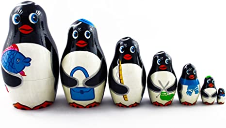 Matryoshka Russian Nesting Doll Babushka Beautiful Family Penguins Set 7 Pieces Pcs Hand Painted Handmade Souvenir Gift Handicraft
