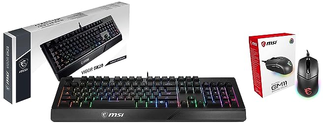 MSI Clutch GM11 5000 Adjustable DPI Optical Wired Gaming Mouse with RGB USB Gaming Grade - Black & Vigor GK20 US Backlit RGB Wired Dedicated Hotkeys Anti-Ghosting Water Resistant Gaming Keyboard Black