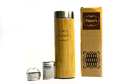 Teakays Bamboo Tumbler with Tea Infuser & Strainer Steel Water Bottle Vacuum Insulated Coffee Travel Mug BPA-Free Mesh Filter for Brewing Loose Leaf & Fruit Infused 17 oz