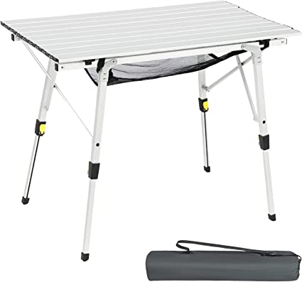 Portal Portable Aluminium Folding Camping Table 90×53 CM Lightweight with Height Adjustable Legs Mesh Layer for Outdoor Picnic Garden