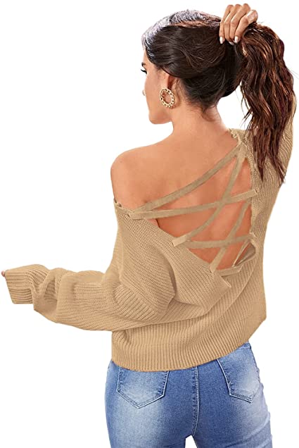 ACEVOG Women's Criss Cross V Neck Casual Sweater Knitted Loose Long Sleeve Backless Fashion Pullover Sweaters