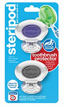 Steripod Clip-on Toothbrush Protector (2-Pack Clear Purple & Clear Silver) I Protects Against Soap, Dirt and Hair I for Travel, Home, Camping