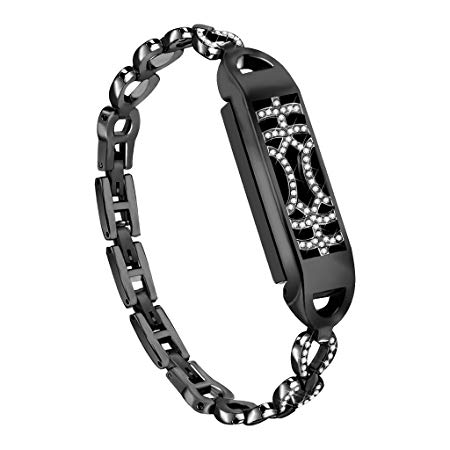 iTerk Compatible Fitbit Flex 2 Bands,Stainless Steel Metal Replacement Wristband Frame Bling Rhinestone Adjustable Bracelet Durable Silver Black Rose Gold