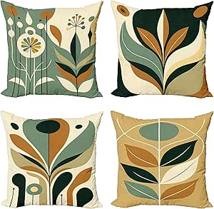 Ambesonne Mid Century Modern Throw Pillow Cushion Cover Set of 4, Retro Botanical Ornaments in an Abstract Form Atomic Art, Decorative Accent Double-Sided Printing, 24", Laurel Green Ginger Khaki