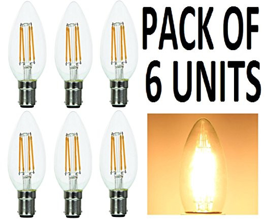 Supacell LED Filament Candle Bulbs - PACK OF 6 - B15 / SBC / Small Bayonet Cap - 4w - Warm White 2700K / 470 Lumens / Classic Glass Finish / 30,000 Hour Average Life / Non-Dimmable / SKU:SLCCSBC4Fx6