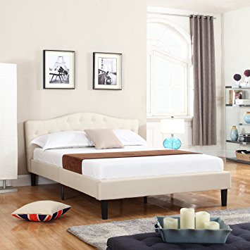 Classic Deluxe Linen Low Profile Platform Bed Frame with Curved Headboard Design and Button Details (Cal King, Ivory)