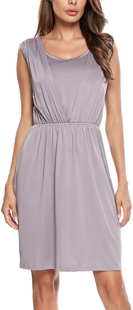 ACEVOG Women’s Round Neck Pleated Waist Sleeveless Casual Shirt Dresses