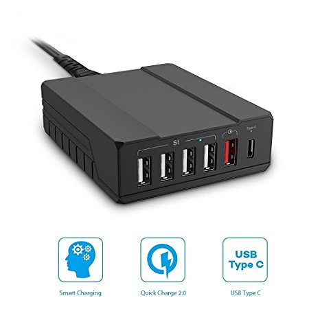 SEENDA Multiple USB Charger 50W 10A with Smart Charging Qualcomm Quick Charger 2.0 Port and USB Type C for Apple Iphone Smartphones(6 Ports,Black)