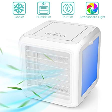 Portable Air Conditioner Fan, 3 in 1 Personal Space Air Cooler, Humidifier, Purifier, Desktop Cooling Fan Table Fan with Dual Detachable Water Tank, 7 Colors LED Lights for Home Kitchen Office