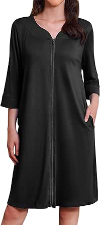 Ekouaer Zipper Robes for Women 3/4 Sleeves Housecoat Soft Nightgowns Sleepwear Mumu House Dresses with Pockets S-3XL