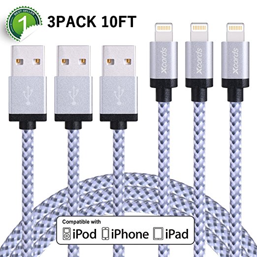 Xcords(TM) 3Pack 10ft Nylon Braided iPhone Lightning to USB Syncing and Charging Cable Cord Compatible with iPhone 7/7 Plus/ 6/ 6 Plus/ 6s/ 6s Plus /5/5s/5c/SE iPad/iPod Touch 5/iPod Nano 7(White)