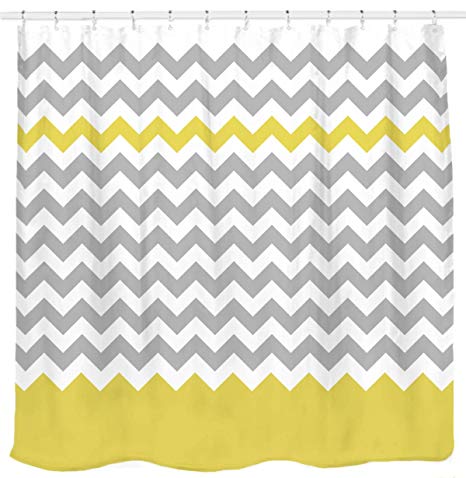 Sunlit Zigzag Yellow and Gray White Chevron Shower Curtain. Geometric Print Pattern Lines and Contemporary Stripes Modern Design Prined Fabric Bathroom Decor. Light Grey Lemon Color Block Hem