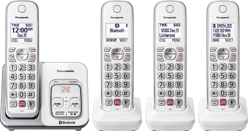 Panasonic Cordless Phone with Answering Machine, Link2Cell Bluetooth, Voice Assistant and Advanced Call Blocking, Expandable System with 4 Handsets - KX-TGD864W (White)