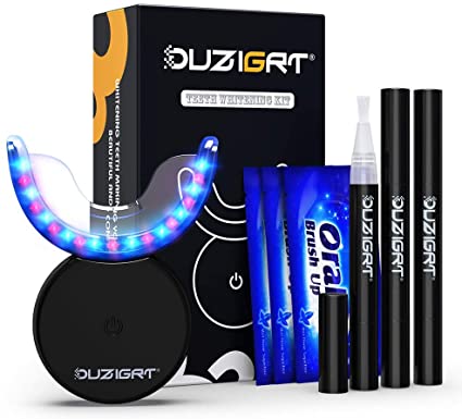 Teeth Whitening Kit, OUZIGRT Teeth Whitener, Teeth Bleaching Kit with Red & Blue Light Mix Mode LED Whitening Mouth Tray and 3 Teeth whitening Pen for Home and Travel