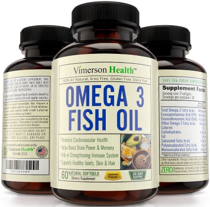 Omega 3 Fish Oil Pills, All Natural, Non-Gmo, Gluten Free, Mercury Free. Supports Brain, Memory, Focus, Cognition, Heart, Joints, Eyes, Skin & Hair. 60 Lemon Flavor Softgels. Made in the USA