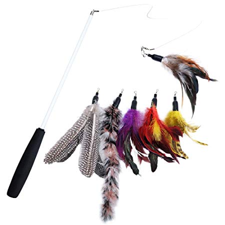 Cat Teaser Retractable Cat Toy Cat Wand Feather Interactive Toys with Beads Bells and Feather Refills Set for Cat and Kitten