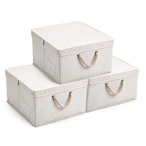MaidMAX Foldable Storage Bins with a Half-or-Full Lid, Transparent Label Holder, and 2 Cotton Rope Handles for Closet and Cabinet, Beige, 17.3x15.4x9.3 inches, Set of 3