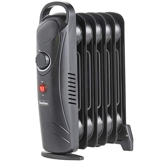 VonHaus Mini Oil Filled Radiator 800W 6 Fin – Portable Electric Small Heater – Adjustable Temperature & Tip Over Safety Switch – Black