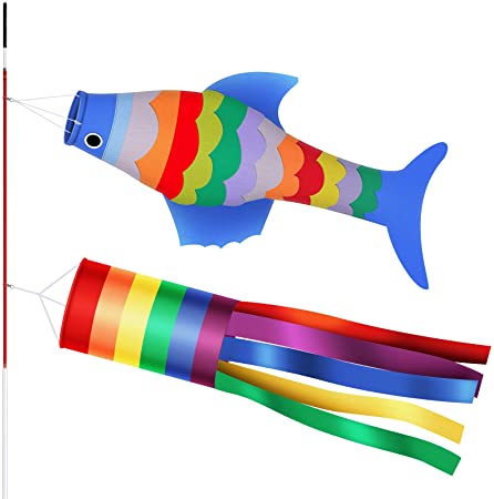 Tatuo 2 Pieces Rainbow and Fish Windsock Set Include Rainbow Windsock and Rainbow Fish Windsock Colorful Hanging Decoration Windsock for Outdoor Garden Backyard Decor