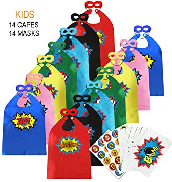 ADJOY Children Super Hero Capes and Masks Bulk Pack with Superhero Stickers - Superhero Themed Birthday Party Dress Up Capes