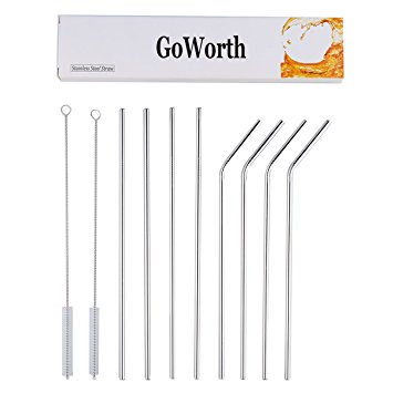 GoWorth 18/10 SUS 304 Stainless Steel Drinking Straws, Set of 8, Bent and Straight ,Long Length, 2 Free Cleaning Brushes Included for Juice Milk 20 & 30 OZ Yeti Tumbler Soda Water