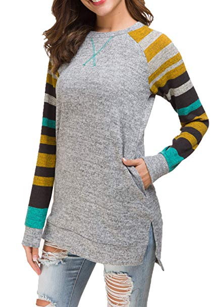 levaca Women's Fall Long Sleeve Side Split Loose Casual Pullover Tunic Tops