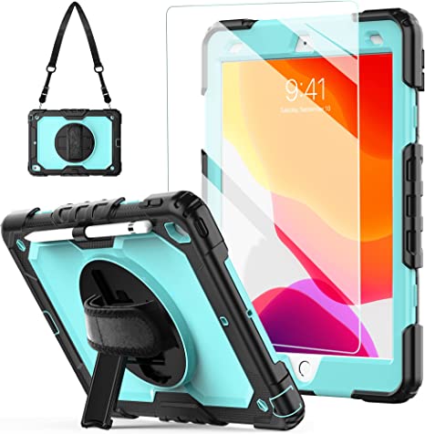 iPad 9th/8th Generation Case 2021/2020 10.2 Inch with Tempered Glass Screen Protector & Pencil Holder | Rugged Protective Kids iPad 7th Gen 10.2 Case 2019 Cover w/Stand Hand Shoulder Strap |SkyBlue