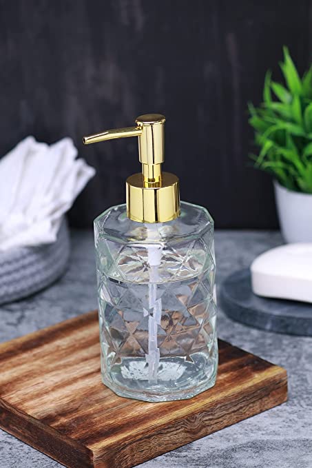 Crocon Diamond Design Glass Soap Dispenser 12 Oz Golden Rust Proof Stainless Steel Pump Refillable Liquid Hand Soap Dispenser for Bathroom Premium Kitchen Soap Dispenser (Transparent)