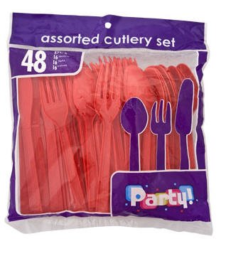 Red Assorted Disposable Cutlery, 48 Piece Set, 16 Spoons, 16 Forks, 16 Knives