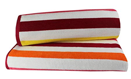 Cotton Craft - 2-Pack XL Jacquard Woven Velour Beach Towel - 39x68 inches - 100% Cotton - Sky Coral Stripe