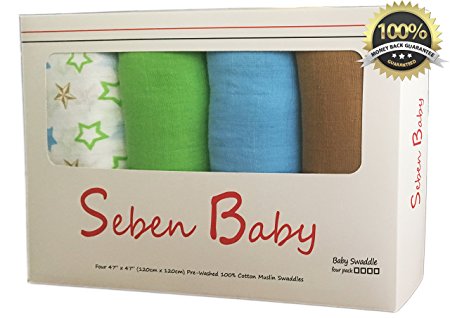 SPECIAL SALE - Muslin Swaddle Blankets 4 Pack - 100% Cotton - Seben Baby Swaddle Blanket - 47 inch x 47 inch Large Softest Muslin Receiving Blankets - Unisex for Boys or Girls