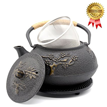 OMyTea Cast Iron Teapot with Infuser and Trivet, Japanese Tetsubin Tea Kettle, Pine Plum Trees Pattern, 31oz / 900ml