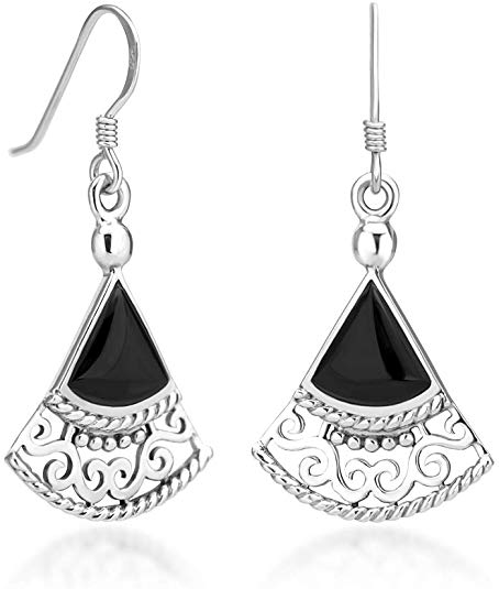 925 Sterling Silver Bali Inspired Filigree Black Onyx Gemstone Triangle Fan Dangle Earrings