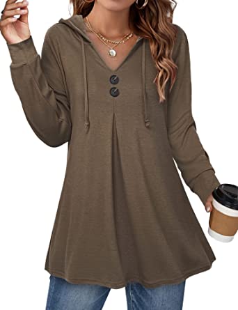 Lotusmile Women's Long Sleeve Hooded Tunic Tops Button Swing Pullover Hoodie Sweatshirts