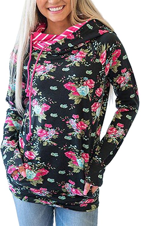 Angashion Women Hoodies-Tops- Floral Printed Long Sleeve Pocket Drawstring Sweatshirt With Pocket