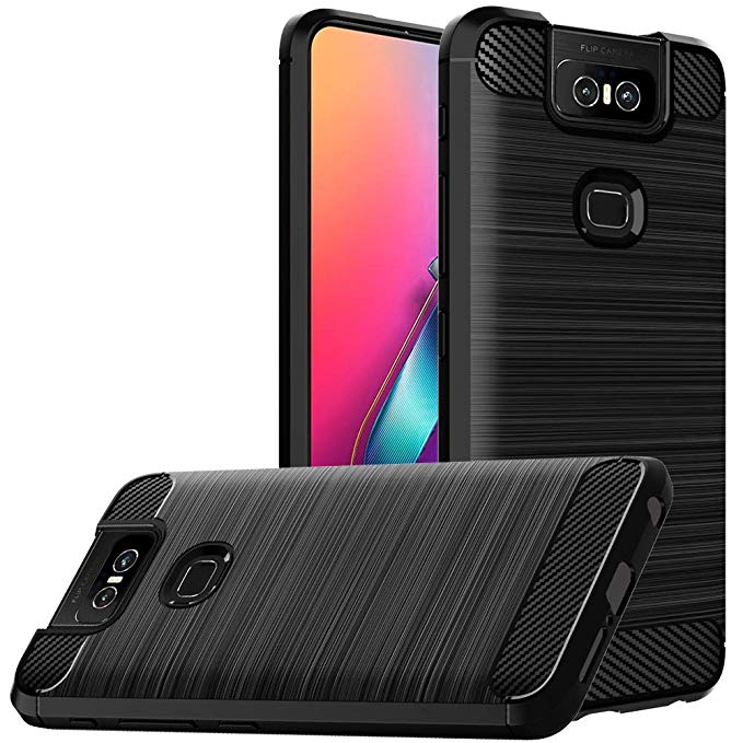 for Asus Zenfone 6 ZS630KL Case, Zenfone 6Z Shock-Absorption Slim Fit Flexible TPU Case Brushed Texture Soft Rubber Protective Cover (Black)