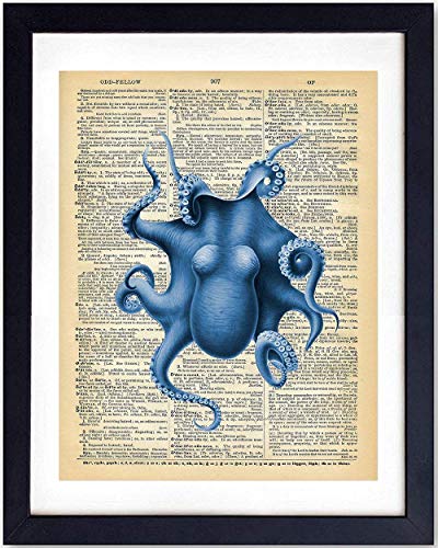 Blue Octopus Upcycled Dictionary Wall Art Print - 8x10 Vintage Unframed Photo - Perfect For Beach House Home Decor and Easy Gift Giving